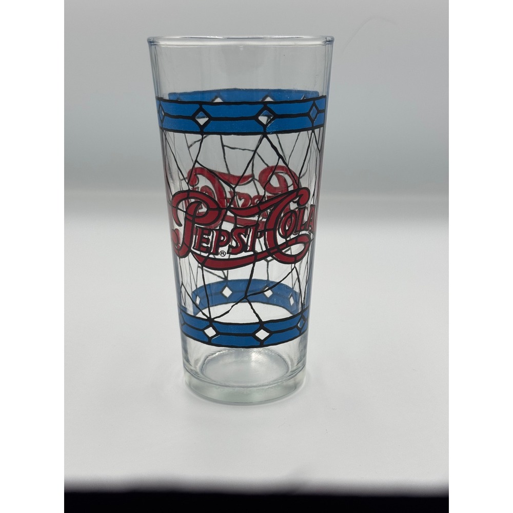 Vintage Pepsi-Cola Tiffany Style Stained Glass Tumbler Blue Red Clear Soda Glass